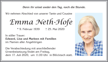 Traueranzeige von Emma Neth-Hofe von Allgäuer Zeitung, Kaufbeuren/Buchloe