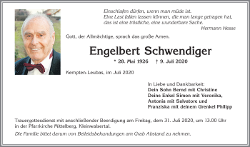 Traueranzeige von Engelbert Schwendiger von Allgäuer Zeitung,Kempten