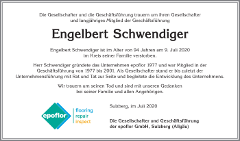 Traueranzeige von Engelbert Schwendiger von Allgäuer Zeitung,Kempten