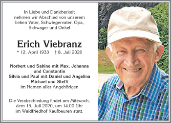 Traueranzeige von Erich Viebranz von Allgäuer Zeitung, Kaufbeuren/Buchloe