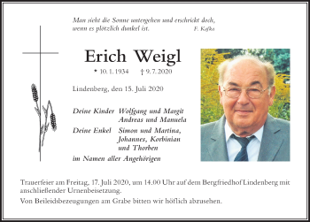 Traueranzeige von Erich Weigl von Der Westallgäuer