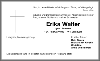 Traueranzeige von Erika Walter von Memminger Zeitung
