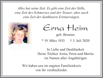 Traueranzeige von Erna Heim von Allgäuer Zeitung, Füssen