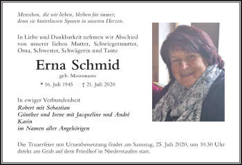 Traueranzeige von Erna Schmid von Der Westallgäuer