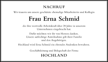 Traueranzeige von Erna Schmid von Der Westallgäuer
