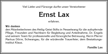 Traueranzeige von Ernst Lax von Allgäuer Zeitung, Füssen