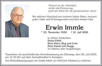 Traueranzeige von Erwin lmmle von Allgäuer Zeitung,Kempten
