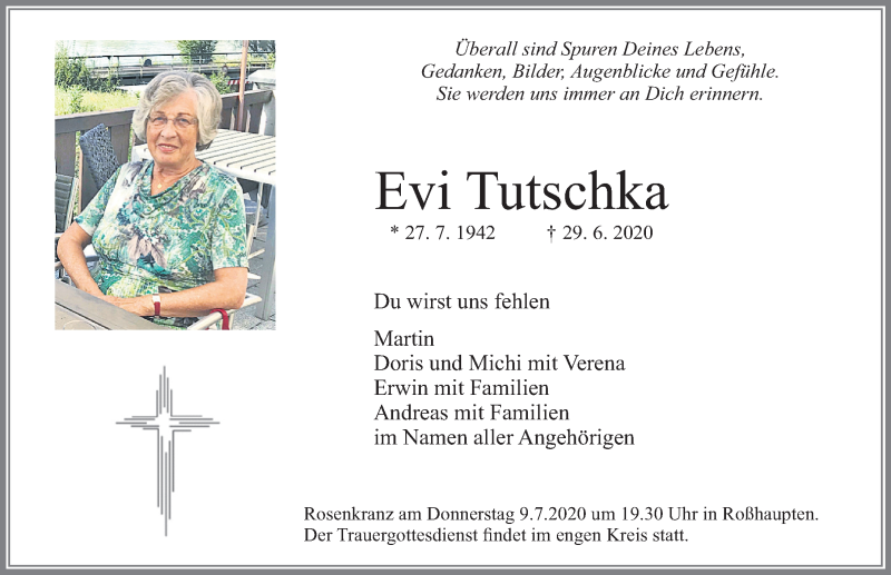  Traueranzeige für Evi Tutschka vom 04.07.2020 aus Allgäuer Zeitung, Füssen