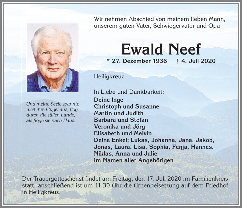  Traueranzeige für Ewald Neef vom 07.07.2020 aus Allgäuer Zeitung,Kempten
