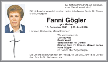 Traueranzeige von Fanni Gögler von Memminger Zeitung