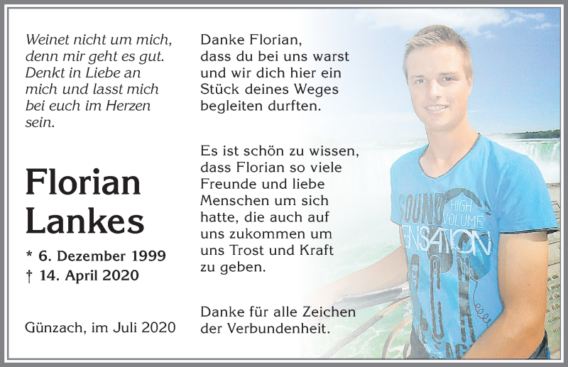  Traueranzeige für Florian Lankes vom 18.07.2020 aus Allgäuer Zeitung, Marktoberdorf