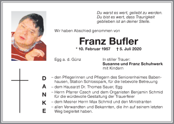 Traueranzeige von Franz Bufler von Memminger Zeitung