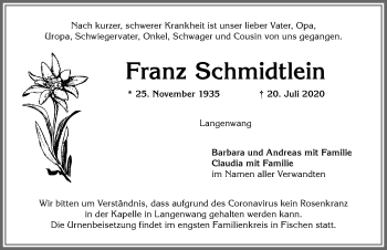 Traueranzeige von Franz Schmidtlein von Allgäuer Anzeigeblatt