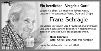 Traueranzeige von Franz Schrägle von Allgäuer Zeitung, Füssen