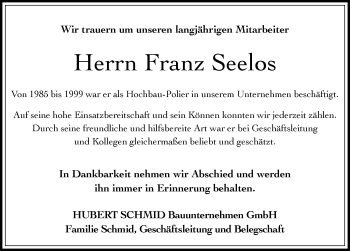 Traueranzeige von Franz Seelos von Allgäuer Zeitung, Marktoberdorf