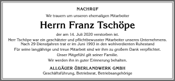 Traueranzeige von Franz Tschöpe von Allgäuer Zeitung,Kempten