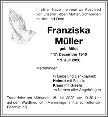Traueranzeige von Franziska Müller von Memminger Zeitung