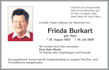 Traueranzeige von Frieda Burkart von Allgäuer Zeitung, Kaufbeuren/Buchloe