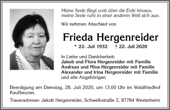 Traueranzeige von Frieda Hergenreider von Allgäuer Zeitung, Kaufbeuren/Buchloe