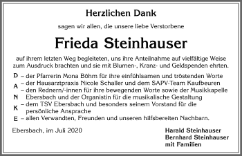 Traueranzeige von Frieda Steinhauser von Allgäuer Zeitung, Marktoberdorf