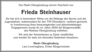 Traueranzeige von Frieda Steinhauser von Allgäuer Zeitung, Marktoberdorf