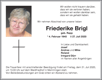Traueranzeige von Friederike Brigl von Memminger Zeitung