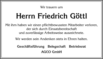 Traueranzeige von Friedrich Göttl von Allgäuer Zeitung, Marktoberdorf