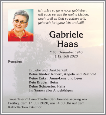 Traueranzeige von Gabriele Haas von Allgäuer Zeitung,Kempten