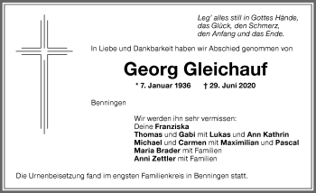 Traueranzeige von Georg Gleichauf von Memminger Zeitung