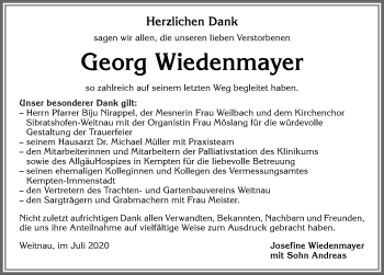 Traueranzeige von Georg Wiedenmayer von Allgäuer Zeitung,Kempten