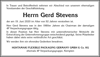 Traueranzeige von Gerd Stevens von Allgäuer Zeitung,Kempten