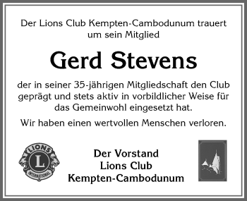 Traueranzeige von Gerd Stevens von Allgäuer Zeitung,Kempten