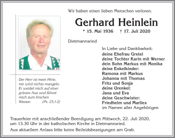Traueranzeige von Gerhard Heinlein von Allgäuer Zeitung,Kempten