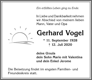 Traueranzeige von Gerhard Vogel von Allgäuer Anzeigeblatt
