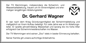 Traueranzeige von Gerhard Wagner von Memminger Zeitung
