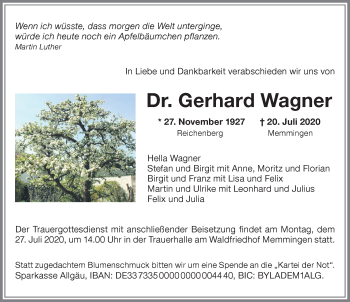 Traueranzeige von Gerhard Wagner von Memminger Zeitung