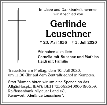 Traueranzeige von Gerlinde Leuschner von Allgäuer Zeitung,Kempten