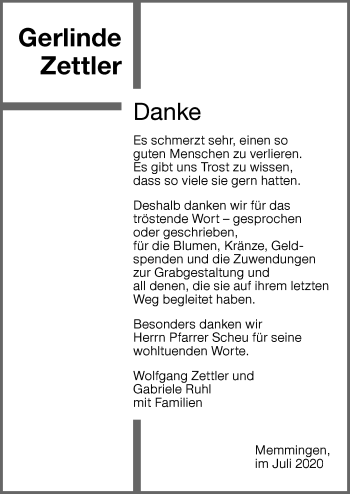Traueranzeige von Gerlinde Zettler von Memminger Zeitung