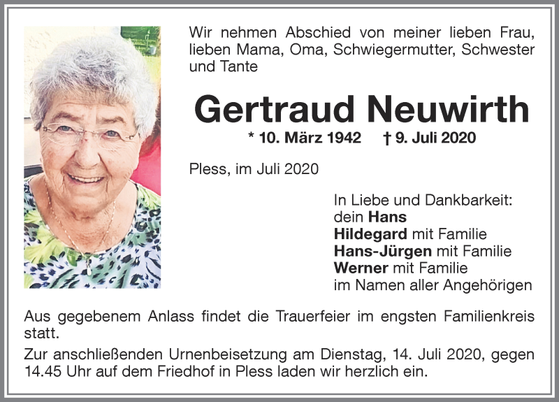  Traueranzeige für Gertraud Neuwirth vom 11.07.2020 aus Memminger Zeitung