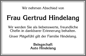 Traueranzeige von Gertrud Hindelang von Allgäuer Zeitung, Marktoberdorf