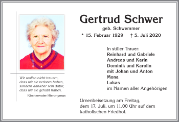Traueranzeige von Gertrud Schwer von Allgäuer Zeitung,Kempten