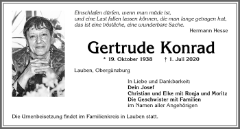 Traueranzeige von Gertrude Konrad von Allgäuer Zeitung,Kempten