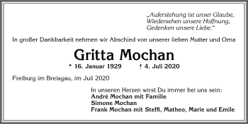 Traueranzeige von Gritta Mochan von Allgäuer Zeitung