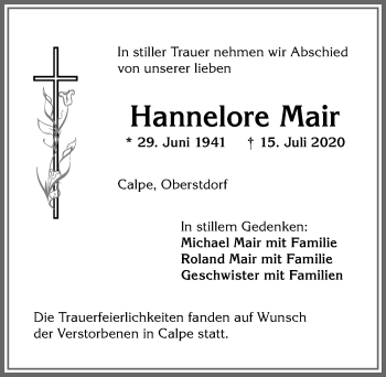 Traueranzeige von Hannelore Mair von Allgäuer Anzeigeblatt