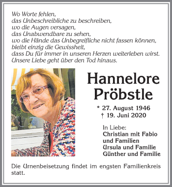 Traueranzeige von Hannelore Pröbstle von Allgäuer Zeitung,Kempten