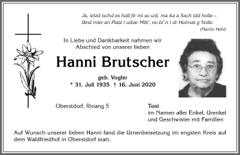 Traueranzeige von Hanni Brutscher von Allgäuer Anzeigeblatt