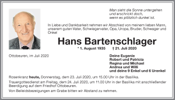 Traueranzeige von Hans Bartenschlager von Memminger Zeitung
