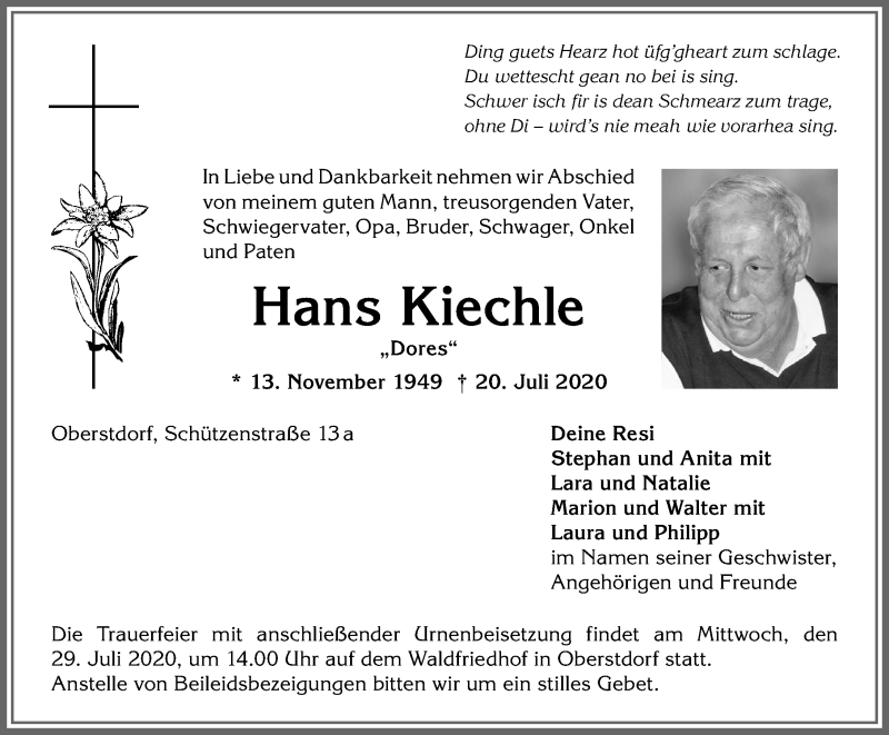  Traueranzeige für Hans Kiechle vom 27.07.2020 aus Allgäuer Anzeigeblatt
