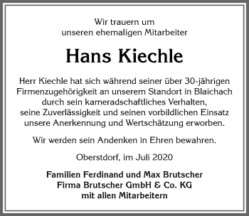 Traueranzeige von Hans Kiechle von Allgäuer Anzeigeblatt