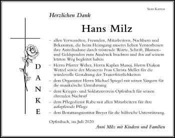 Traueranzeige von Hans Milz von Der Westallgäuer